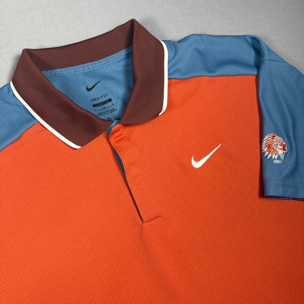 Nike Golf Club Dri-FIT Polo Shirt Mens Large Orange Blue Colorblock 1895 Logo